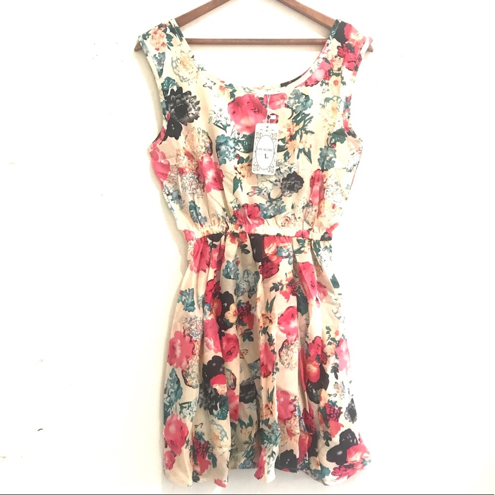Floral print sleeveless peach swing mini dress